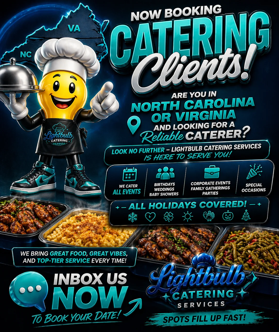 A logo of a catering service featuring a cheerful chef character holding a serving dome.