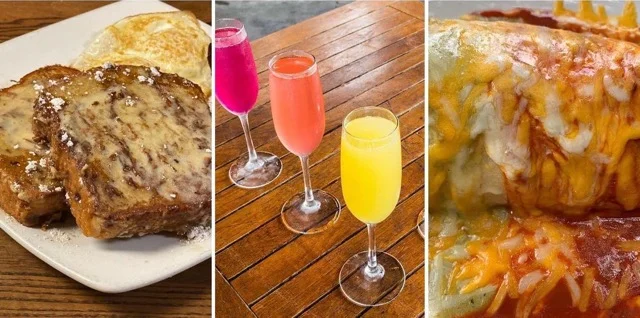 French toast with eggs and colorful mimosas on a wooden table