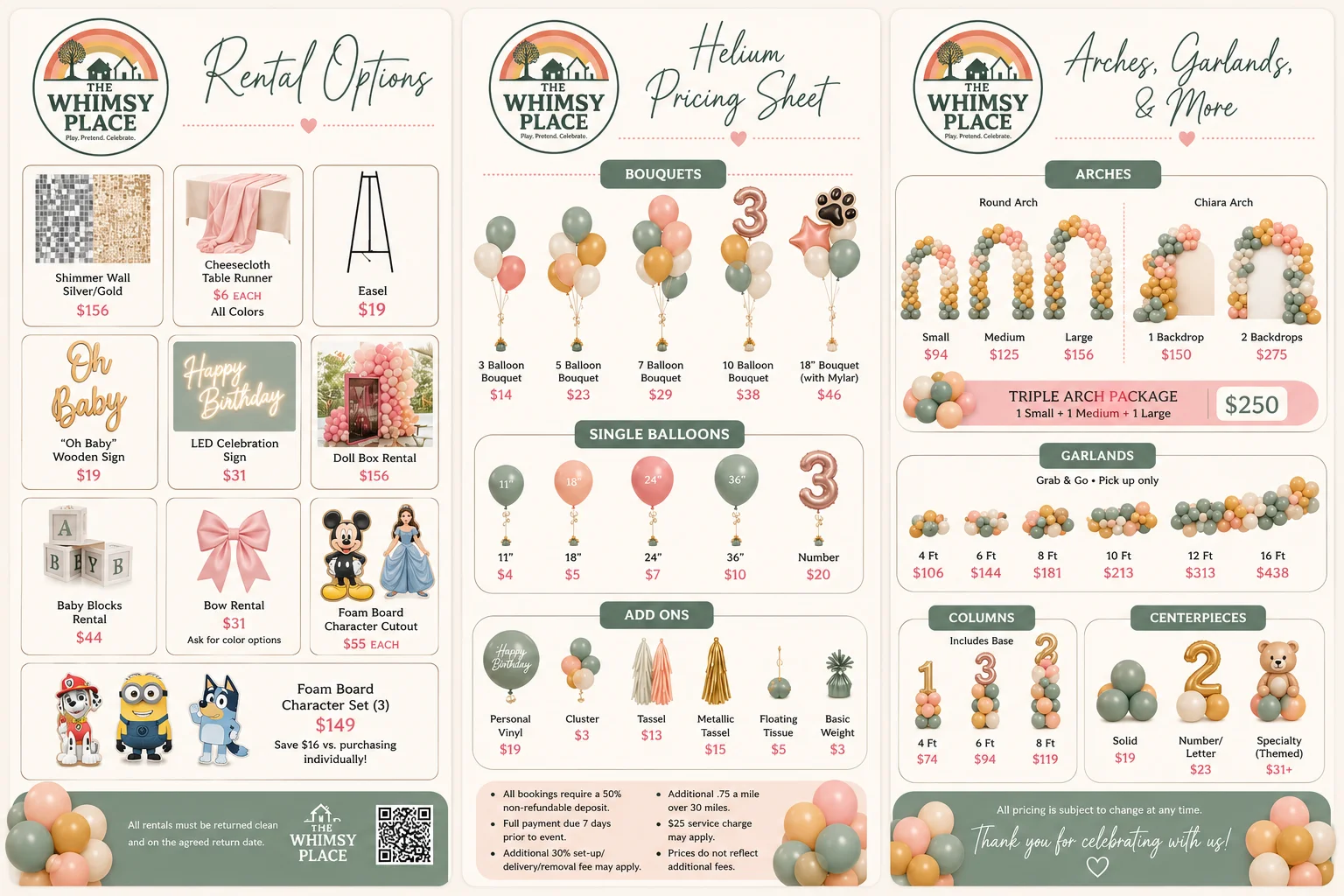 A rental options pricing sheet featuring various balloon bouquets and party decor items, presented in a colorful layout.