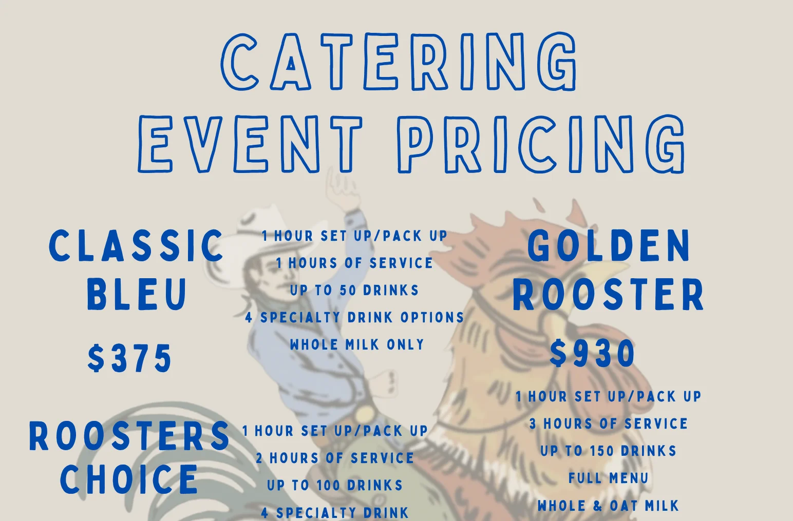 Catering event pricing menu for beverages and services