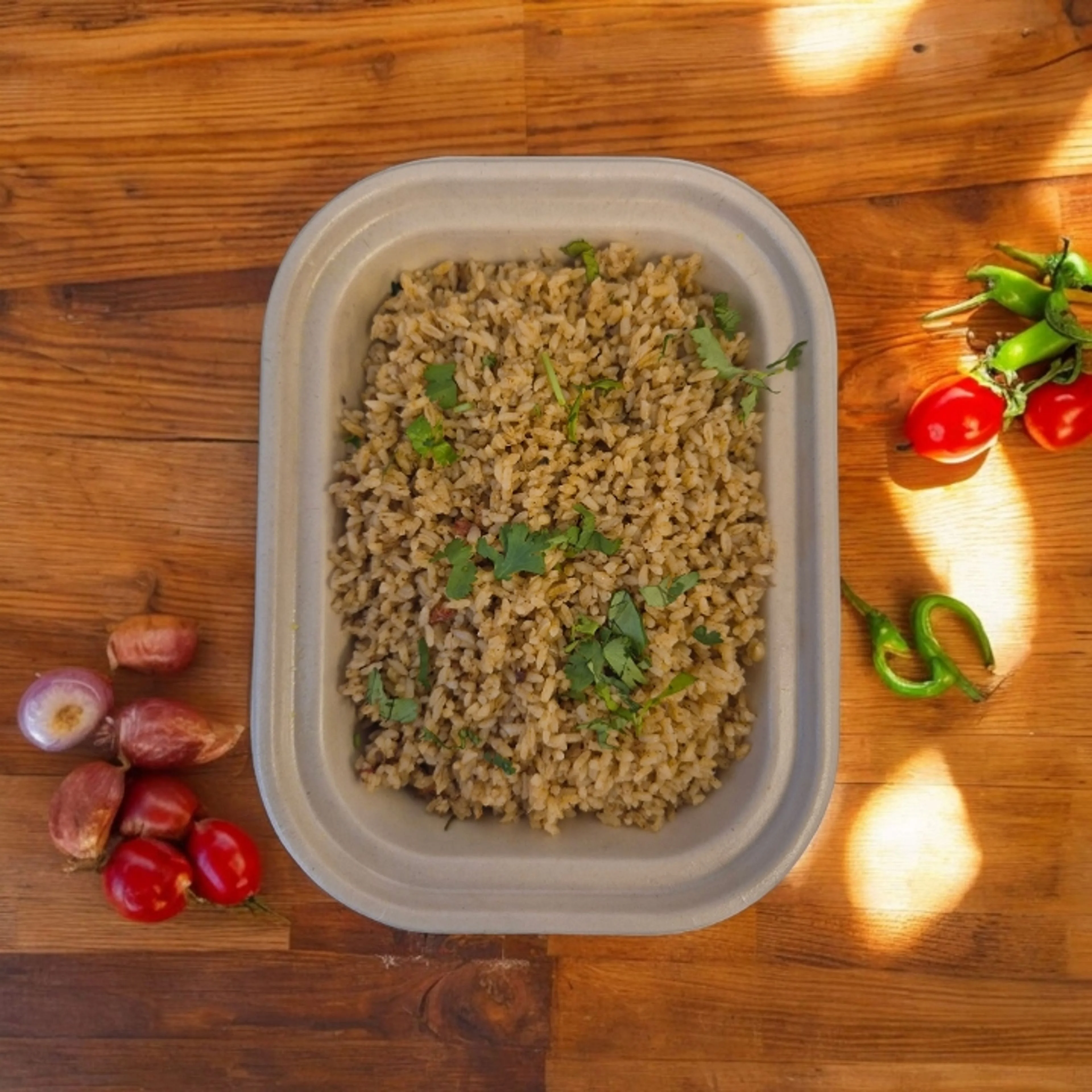 Fragrant Indian pulao garnished with fresh herbs