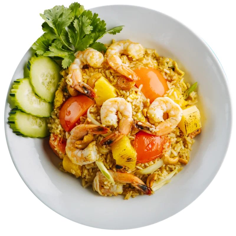 Shrimp fried rice with vegetables and herbs