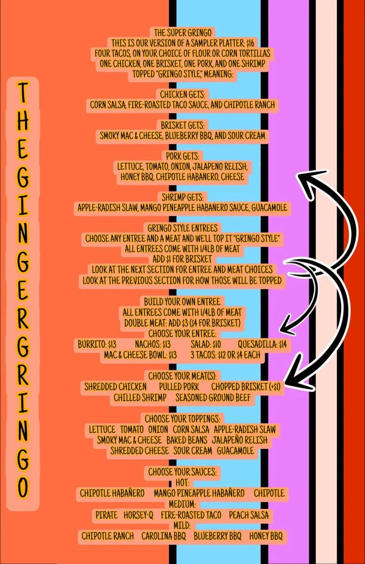 A colorful menu displaying various taco options, including meats, toppings, and sauces. The menu highlights a sampler platter and the ingredients available for customization.
