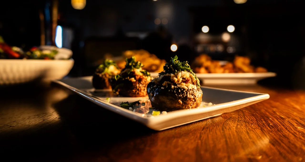 Stuffed mushrooms in a cozy restaurant setting