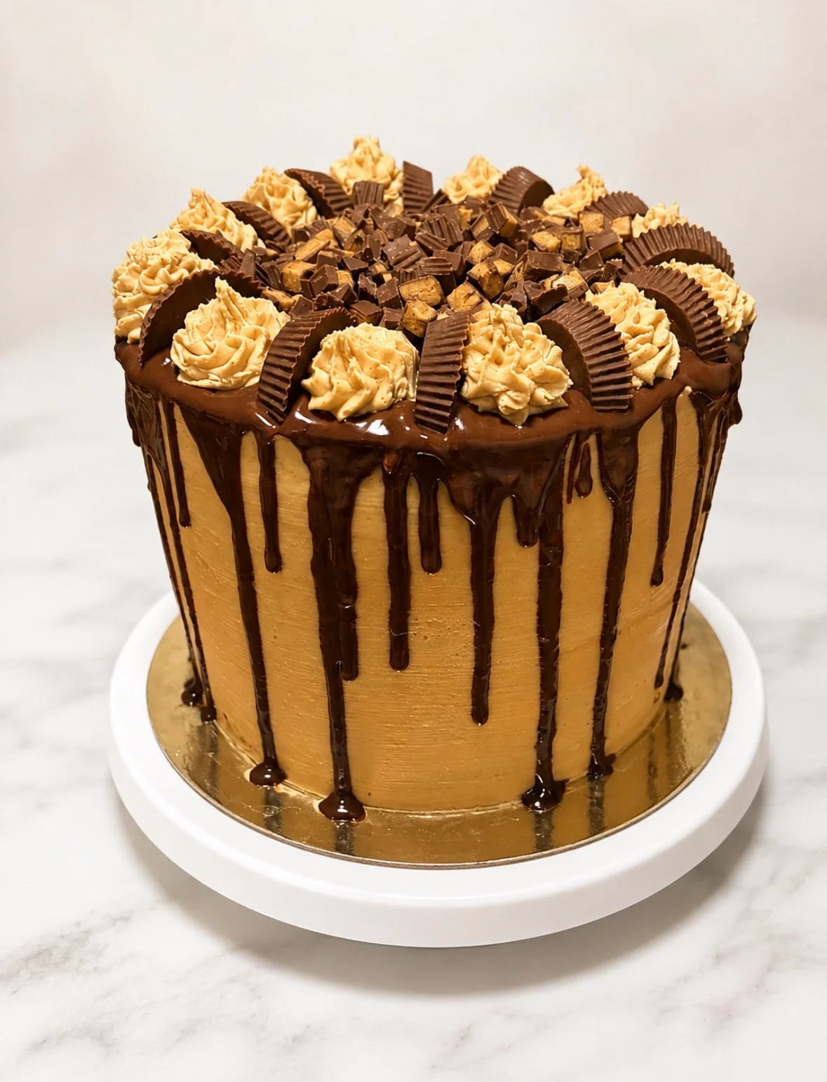 A rich chocolate cake topped with a peanut butter frosting, decorated with chocolate pieces and a glossy chocolate ganache.