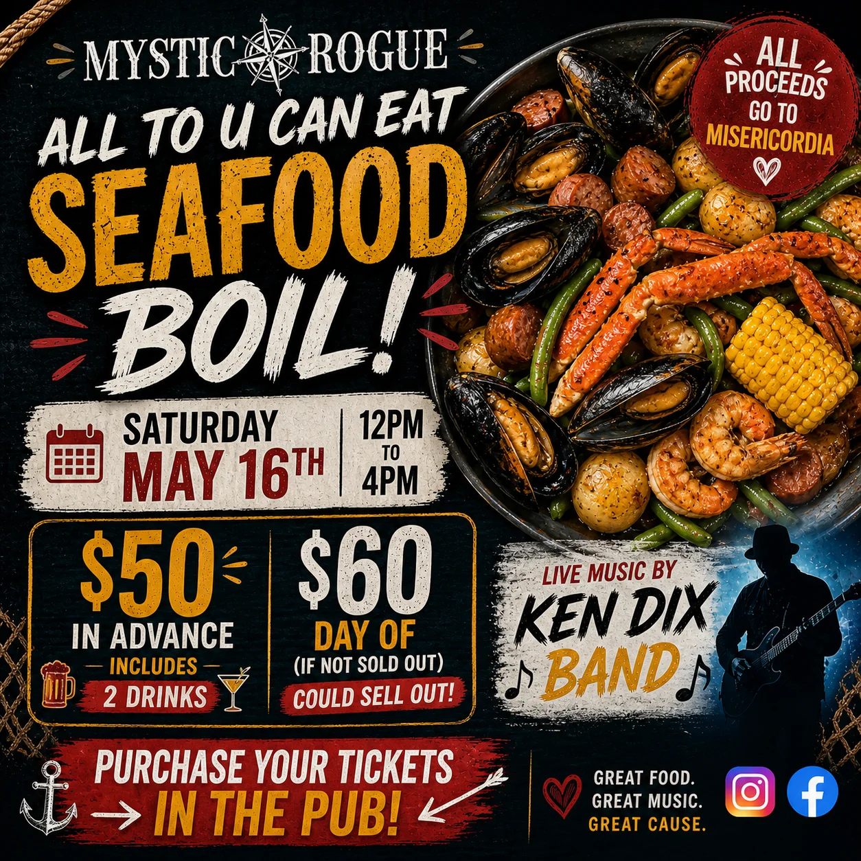 Promotional poster for all-you-can-eat seafood boil event at Mystic Rogue.