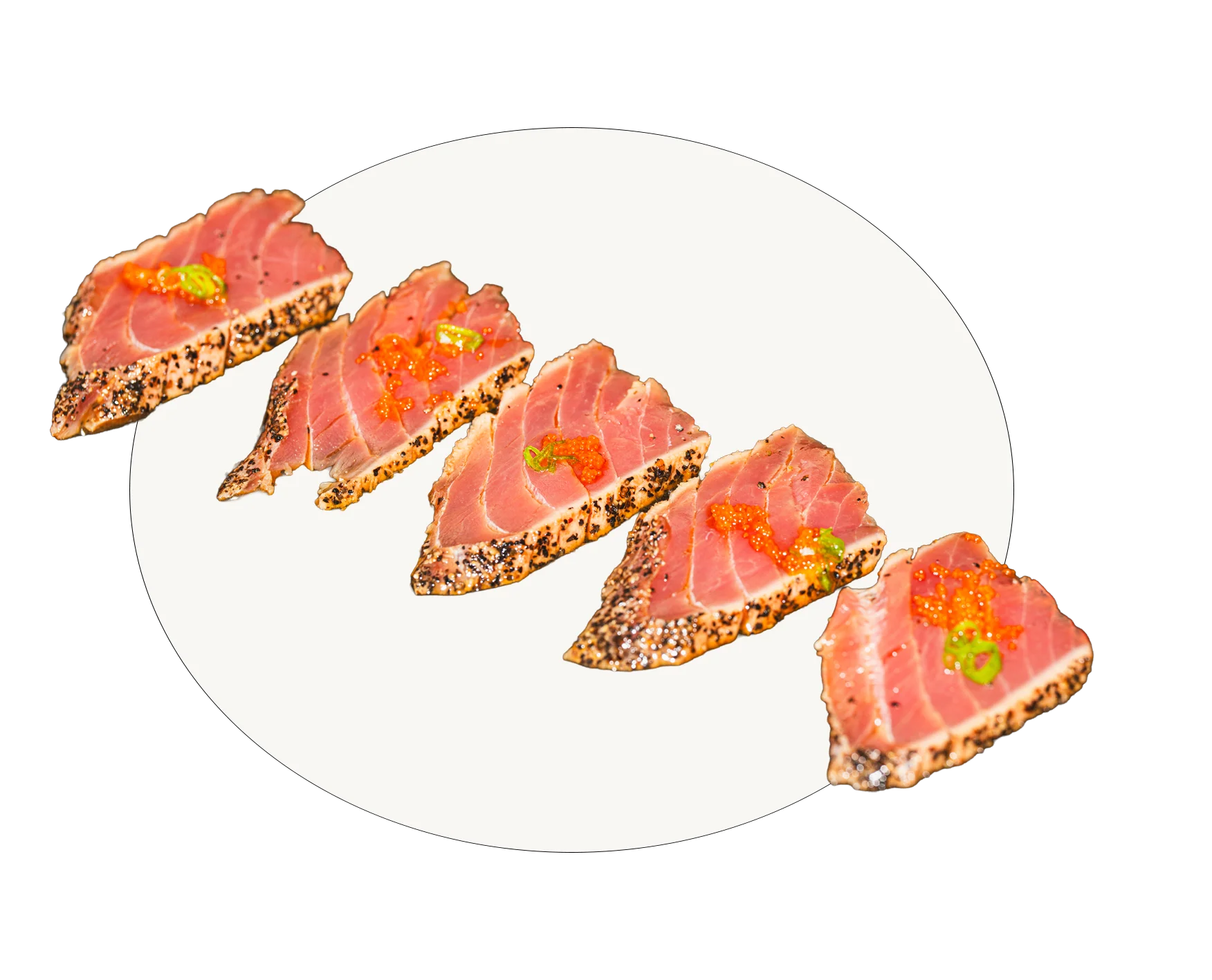 Sliced seared tuna sashimi with sesame crust and garnishes