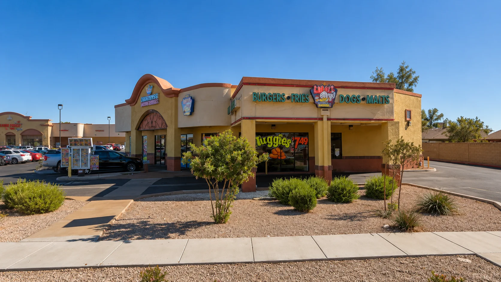 Colorful fast food restaurant exterior with signage