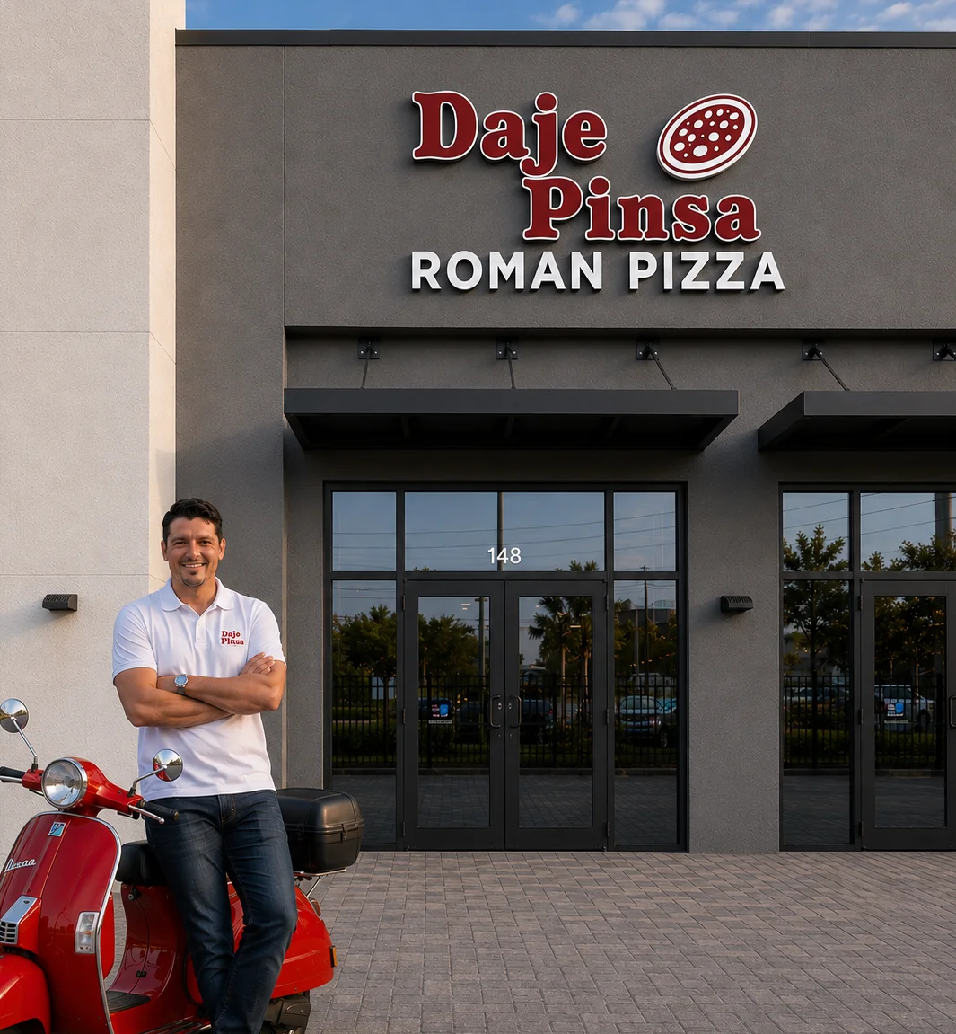 Rendering of owner Gabriele Uberti beside a red Vespa outside Daje Pinsa Roman Pizza in Orlando.