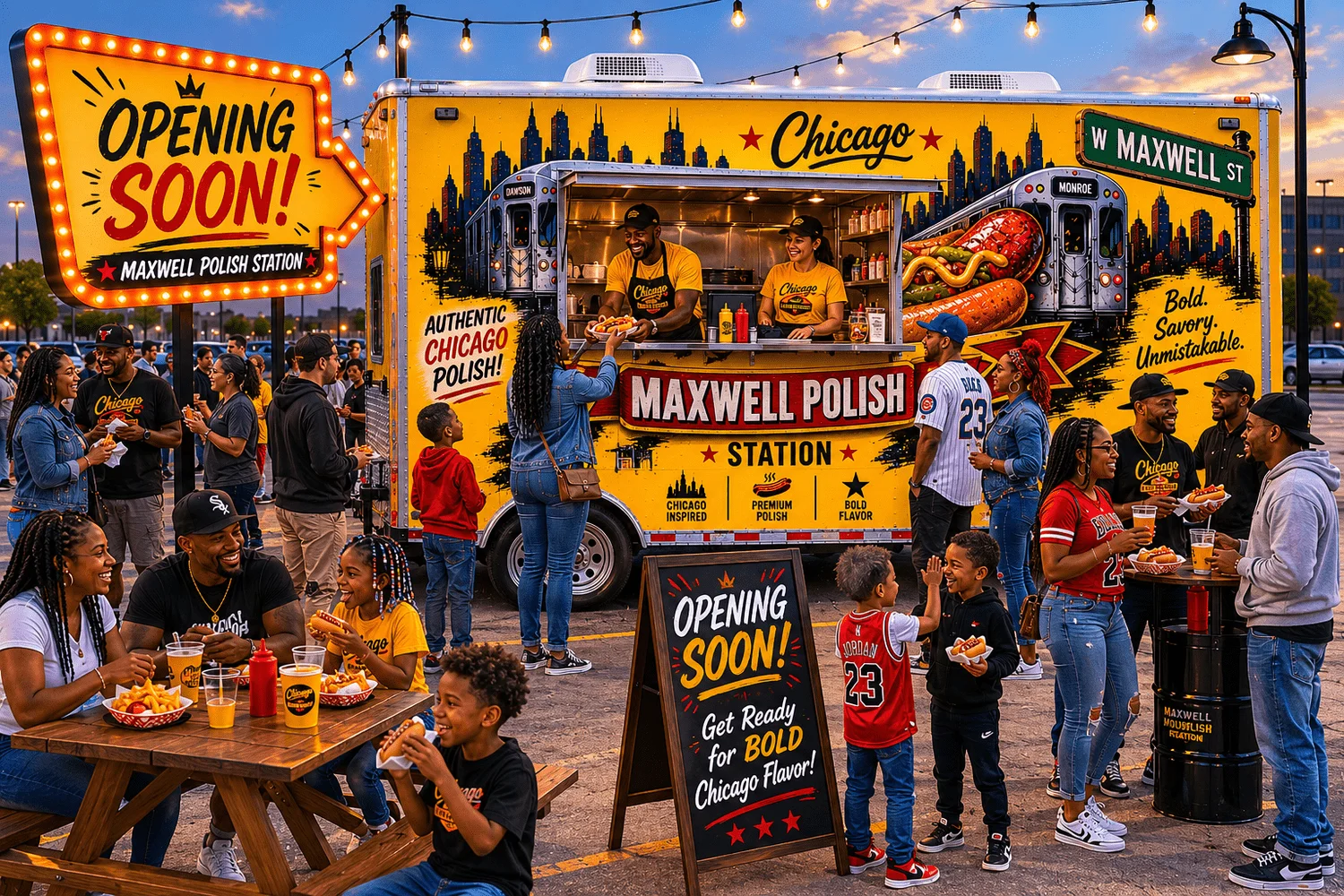A menu featuring famous Chicago street food items. Options include various sausages, burgers, fries, and desserts.