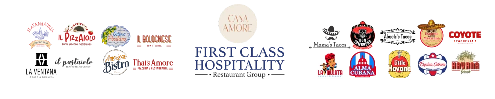 Logos of various restaurants under First Class Hospitality group