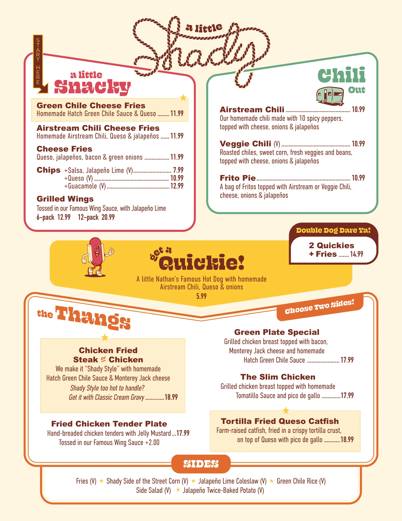 Menu featuring American comfort food and chili dishes
