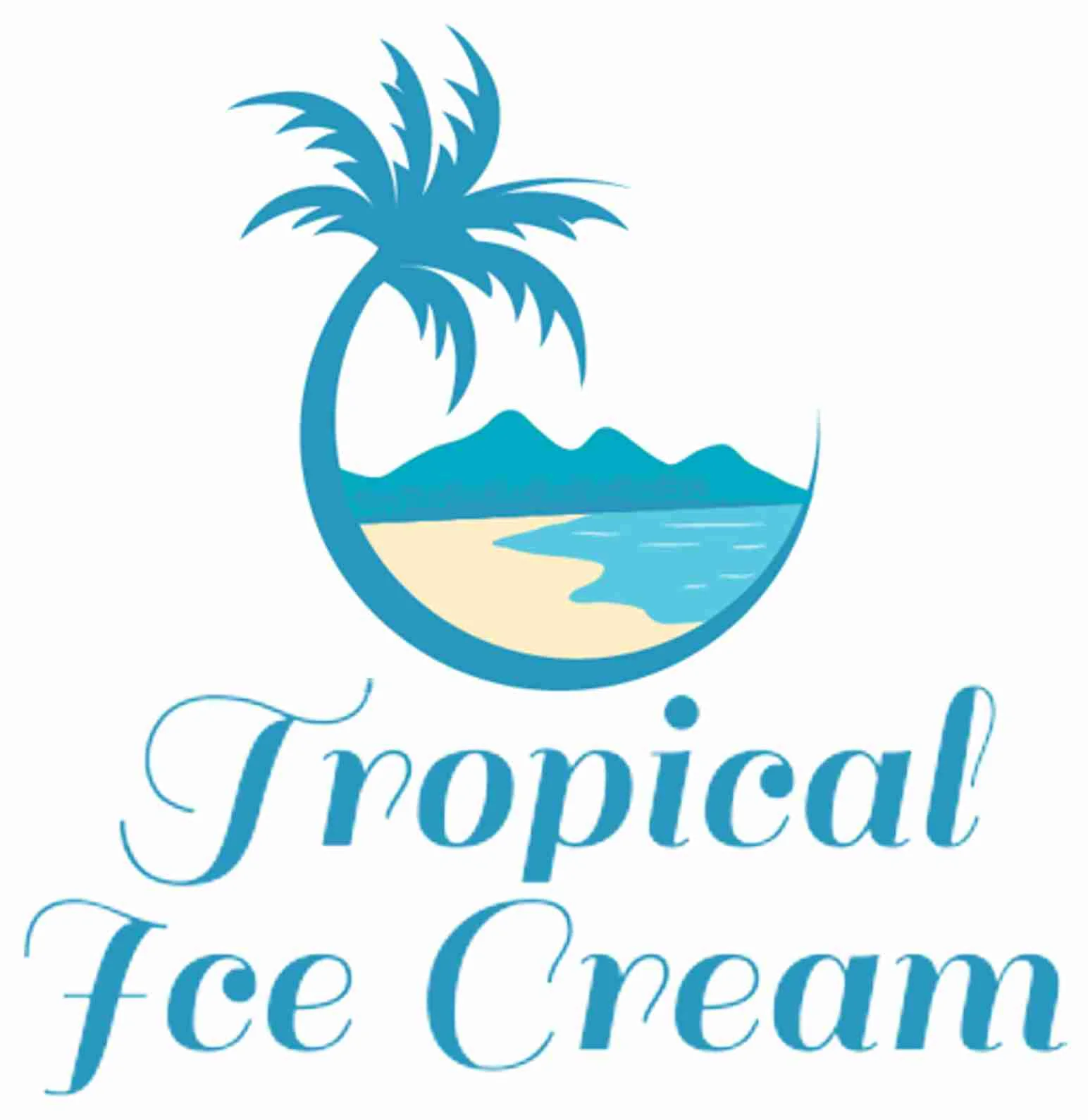 Logo for Tropical Ice Cream featuring palm trees and beach scenery