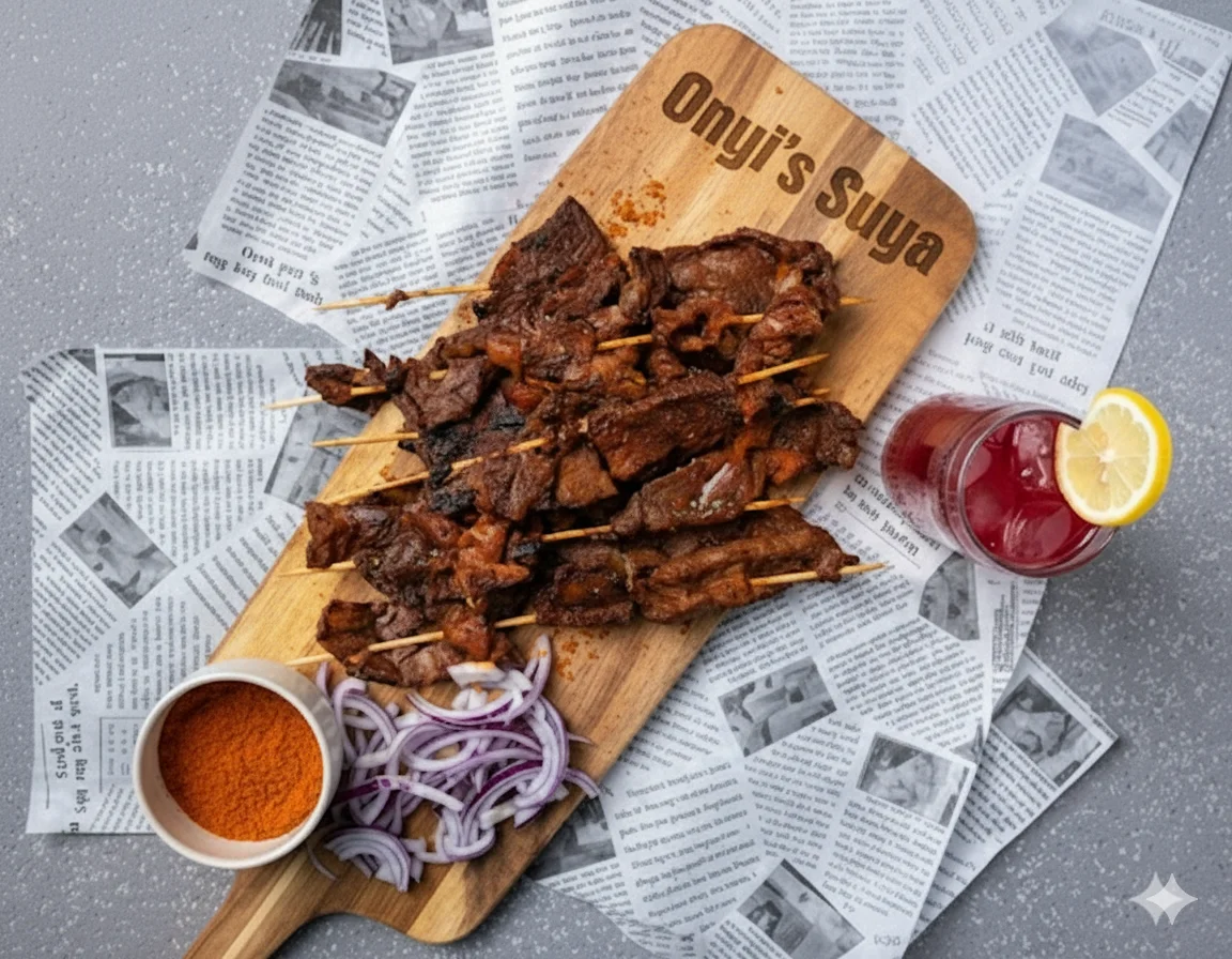Nigerian suya skewers served with onions and spice