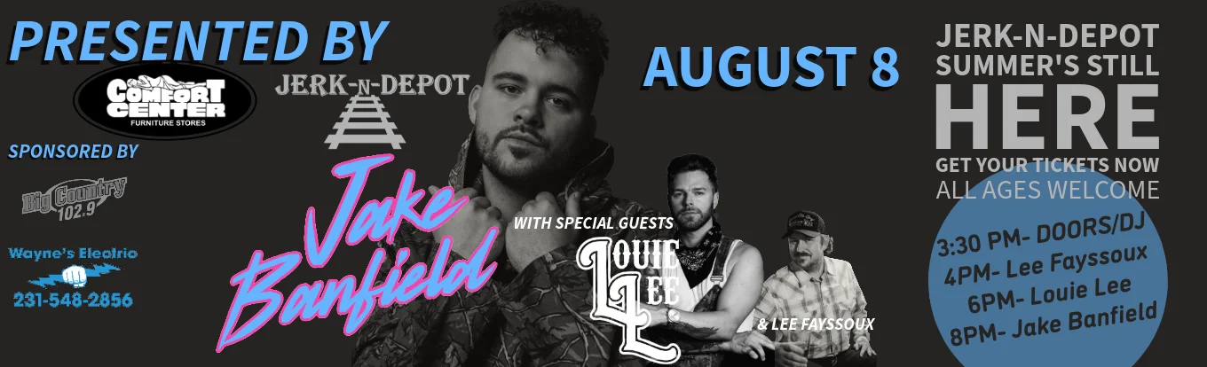 Event poster for Jake Banfield concert at Jerk-N-Depot on August 8.