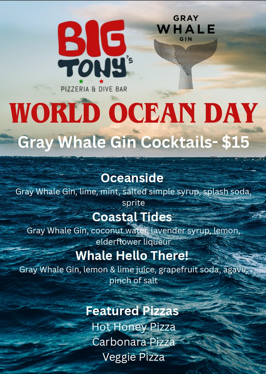 Cocktail menu for World Ocean Day featuring Gray Whale Gin drinks