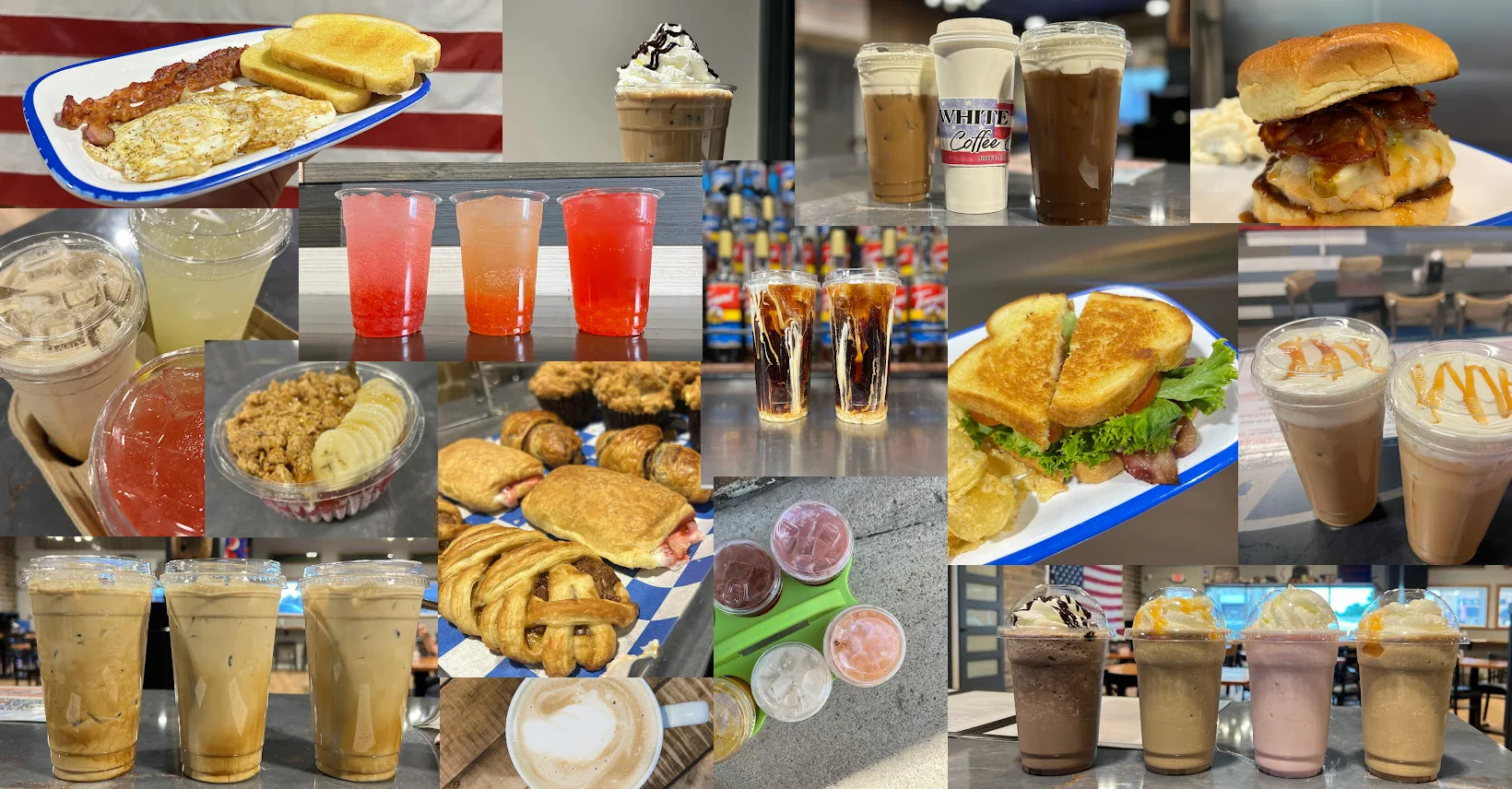 Variety of American diner dishes and beverages on display