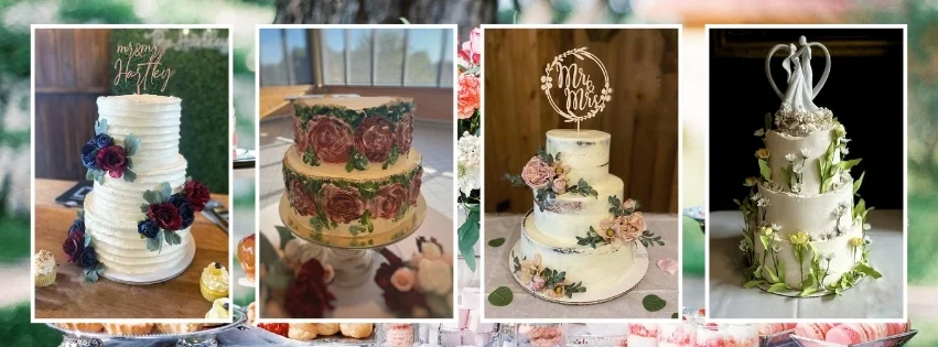 Elegant wedding cakes with floral decorations and personalized toppers
