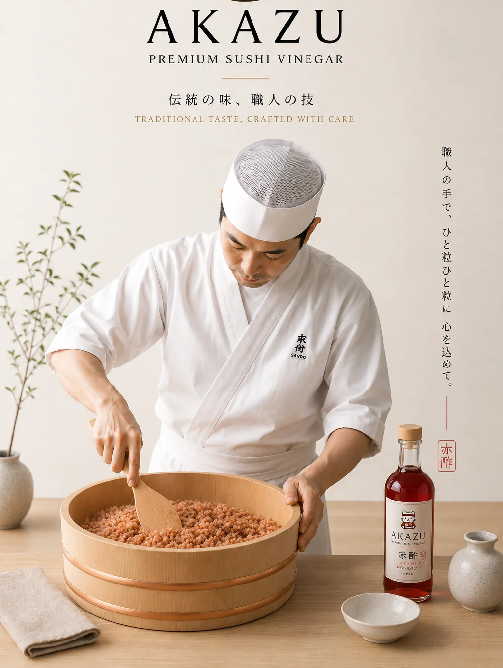 Chef preparing sushi rice with AKAZU premium sushi vinegar.
