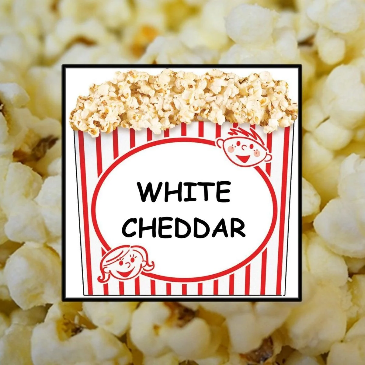 A popcorn container labeled 'WHITE CHEDDAR' with a design featuring cartoon characters, surrounded by white popcorn.