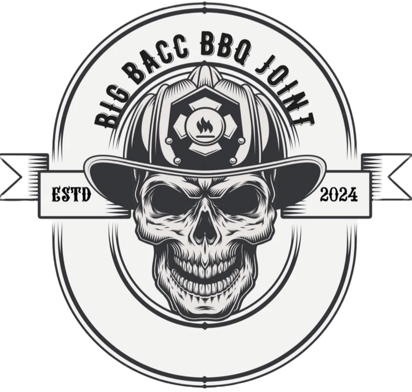 A black and white logo featuring a skull wearing a firefighter helmet, labeled with 'BIG BACC BBQ JOINT' and 'ESTD 2024'.