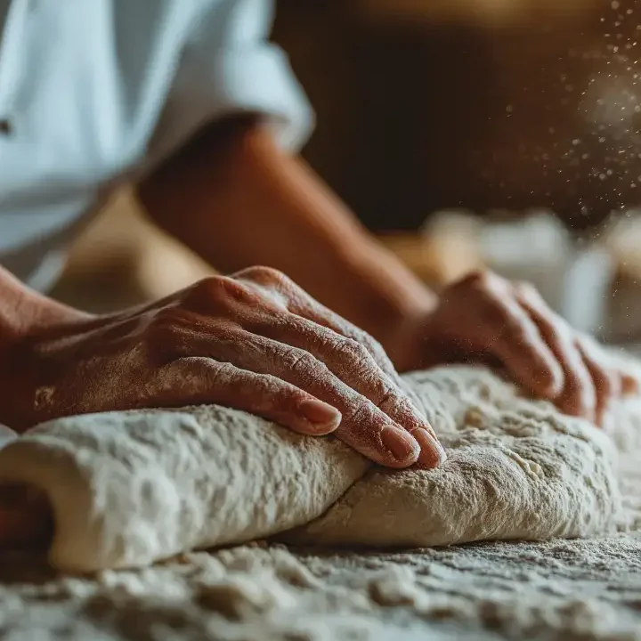 Baker kneading dough on a floured surface