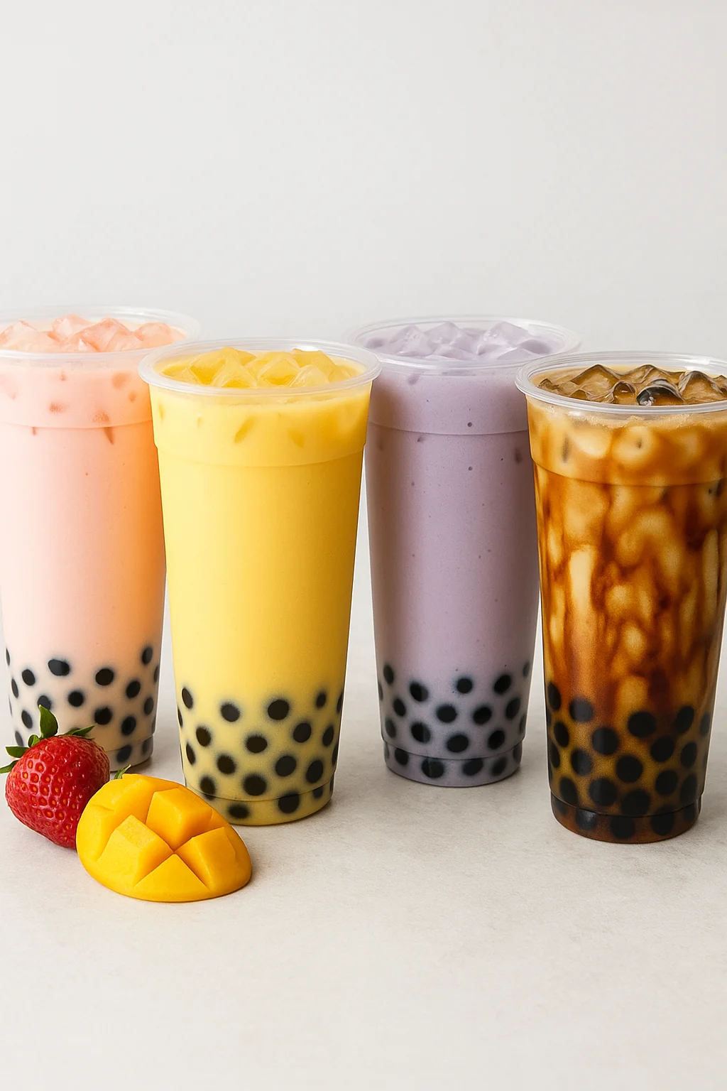 Colorful bubble tea drinks with tapioca pearls