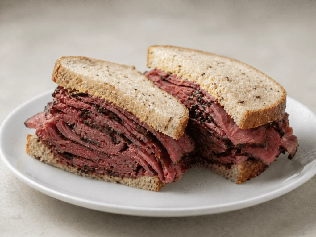 A hearty sandwich made with layers of pastrami or corned beef between slices of rye bread, showcasing its rich texture and flavor.