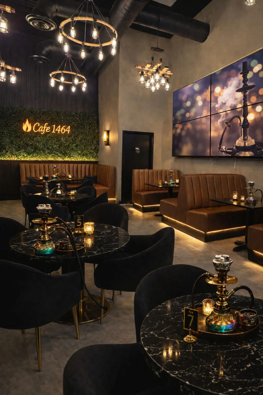 Chic cafe interior with hookahs and ambient lighting