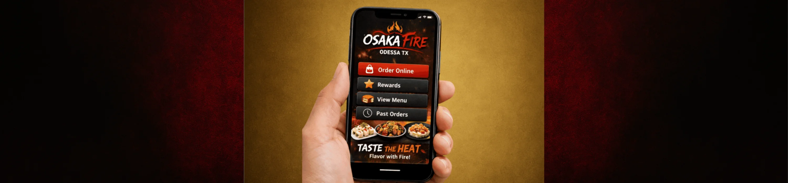Mobile app interface for Osaka Fire restaurant in Odessa, TX