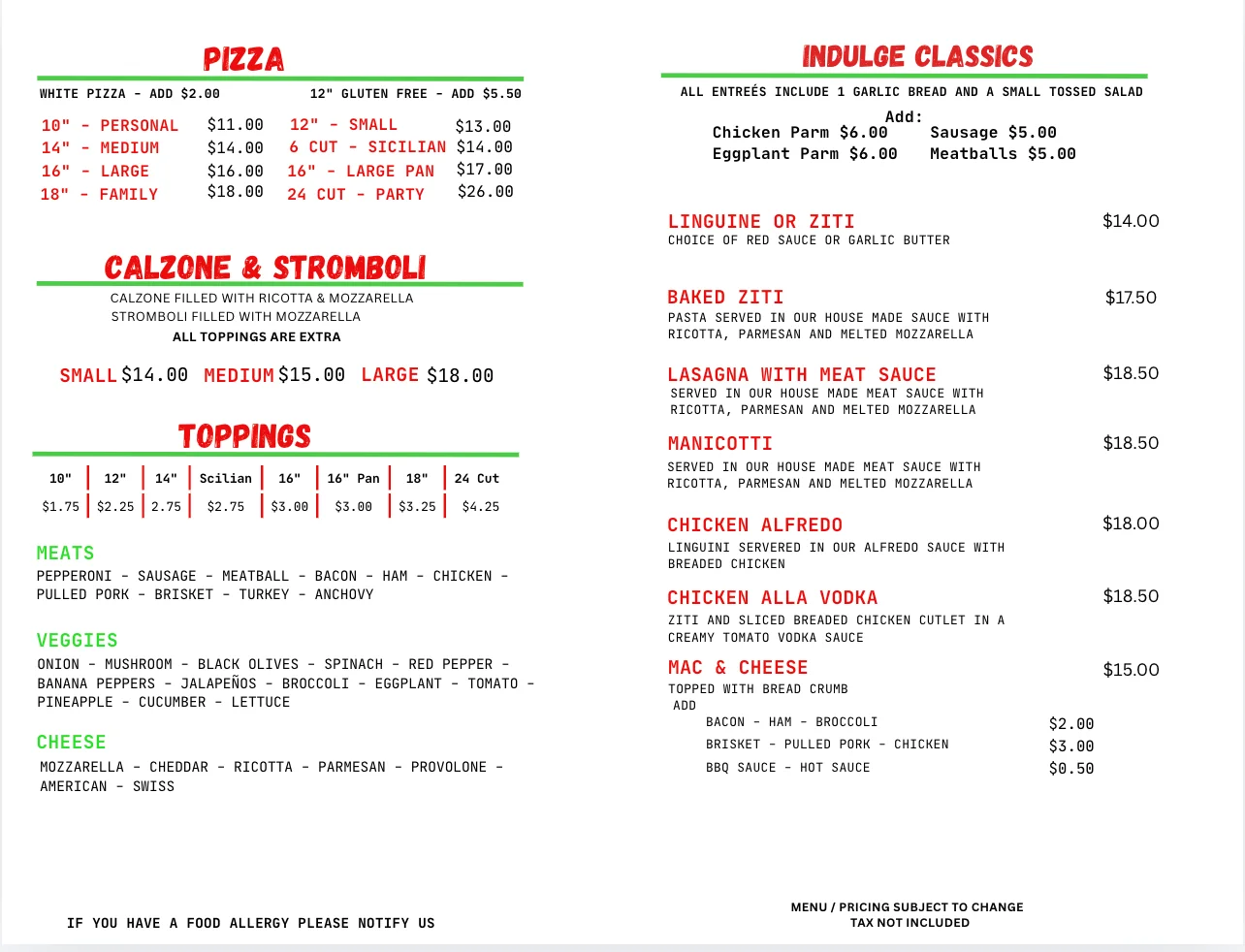 Menu featuring Italian pizza, calzones, and classic pasta dishes