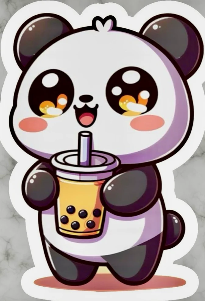 Cute cartoon panda holding a bubble tea drink
