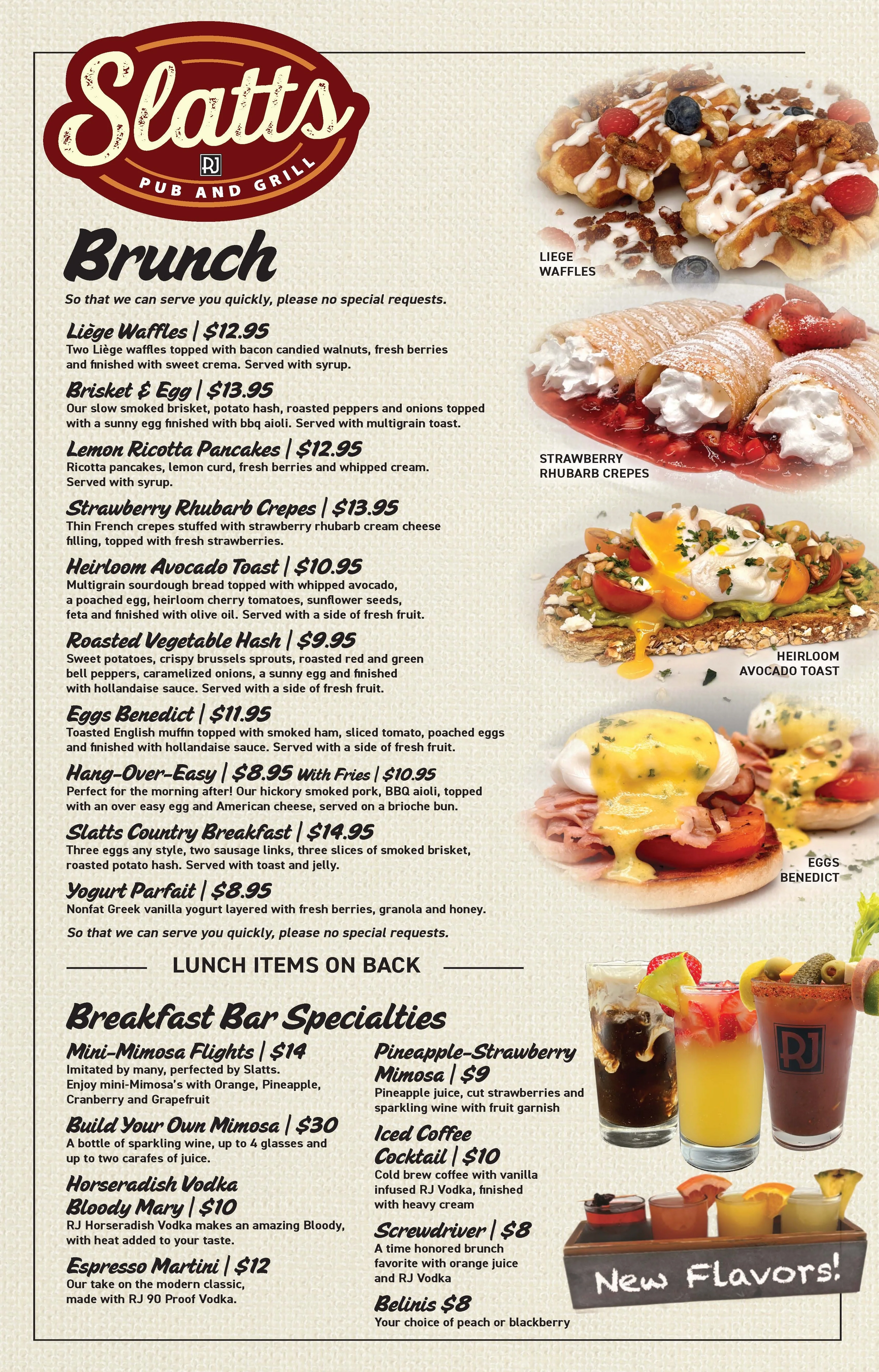 Brunch menu featuring various dishes at a pub and grill