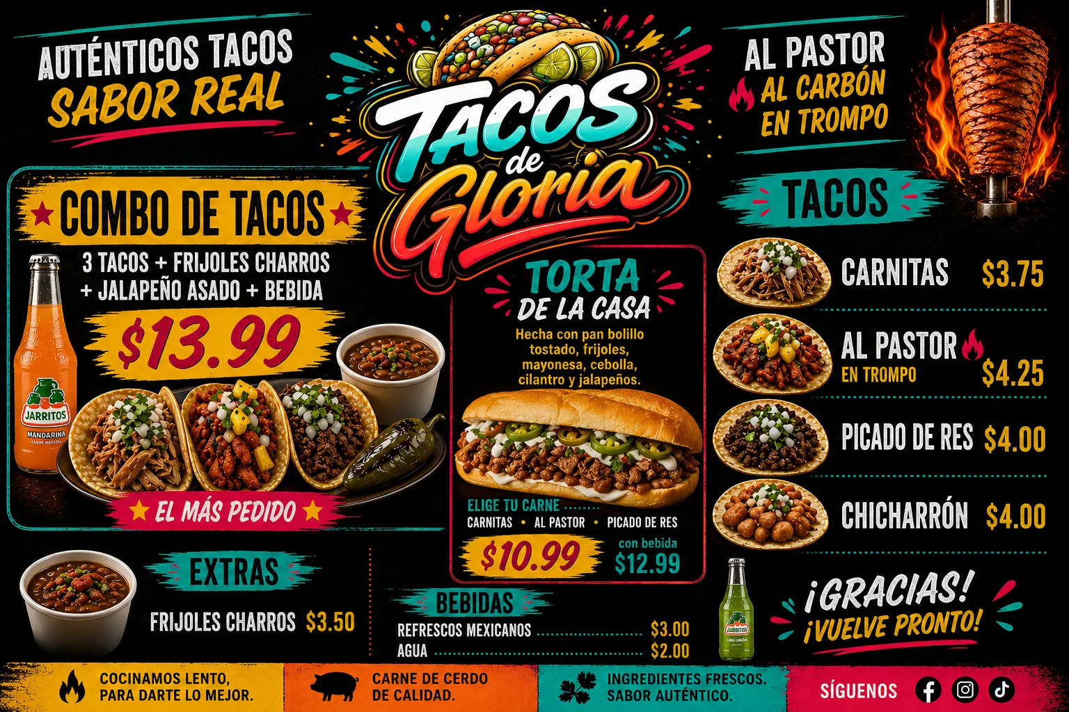 Menu for Tacos de Gloria featuring tacos, tortas, and drinks.