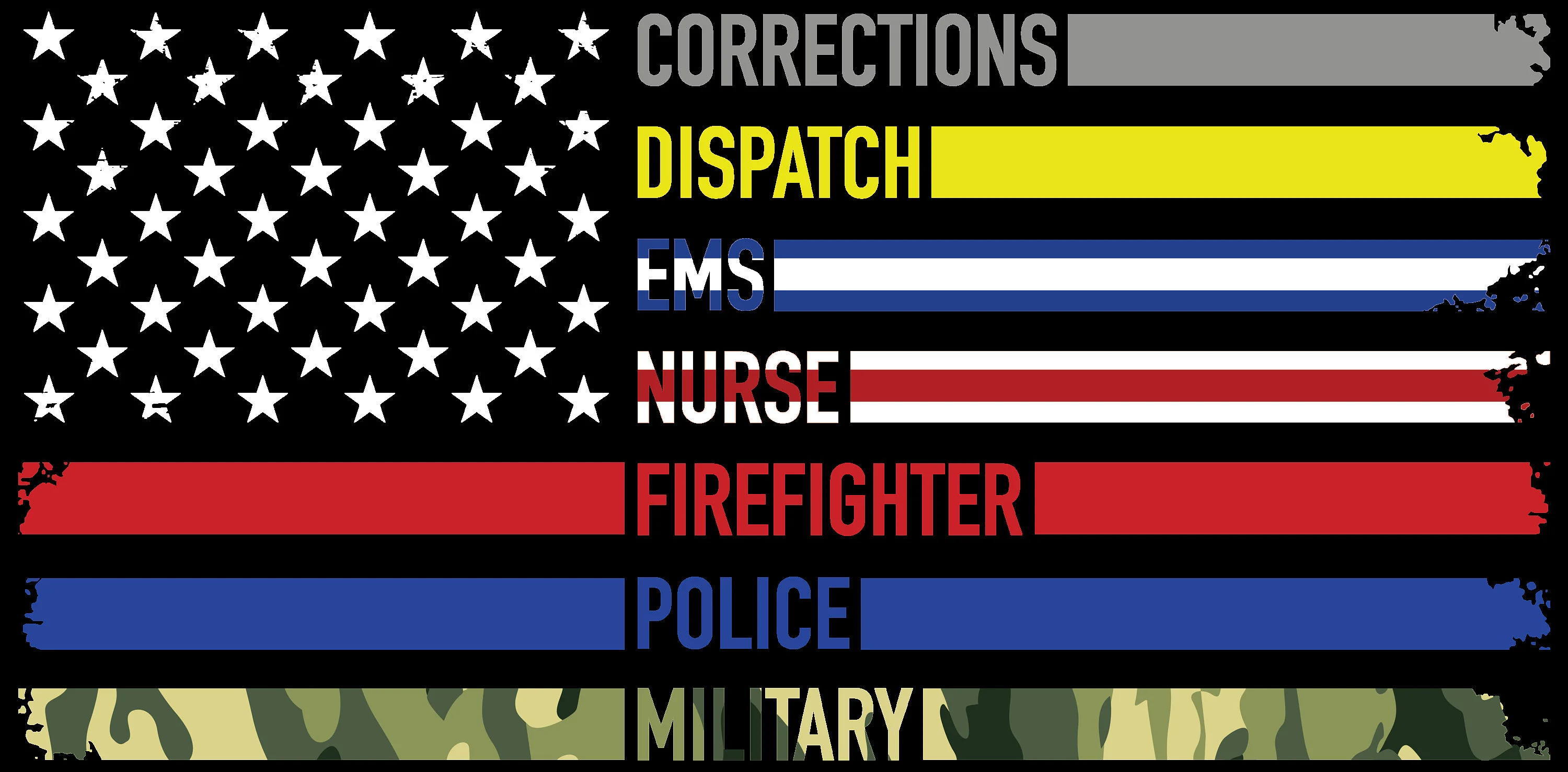 Graphic representation of first responders and military services on a flag background