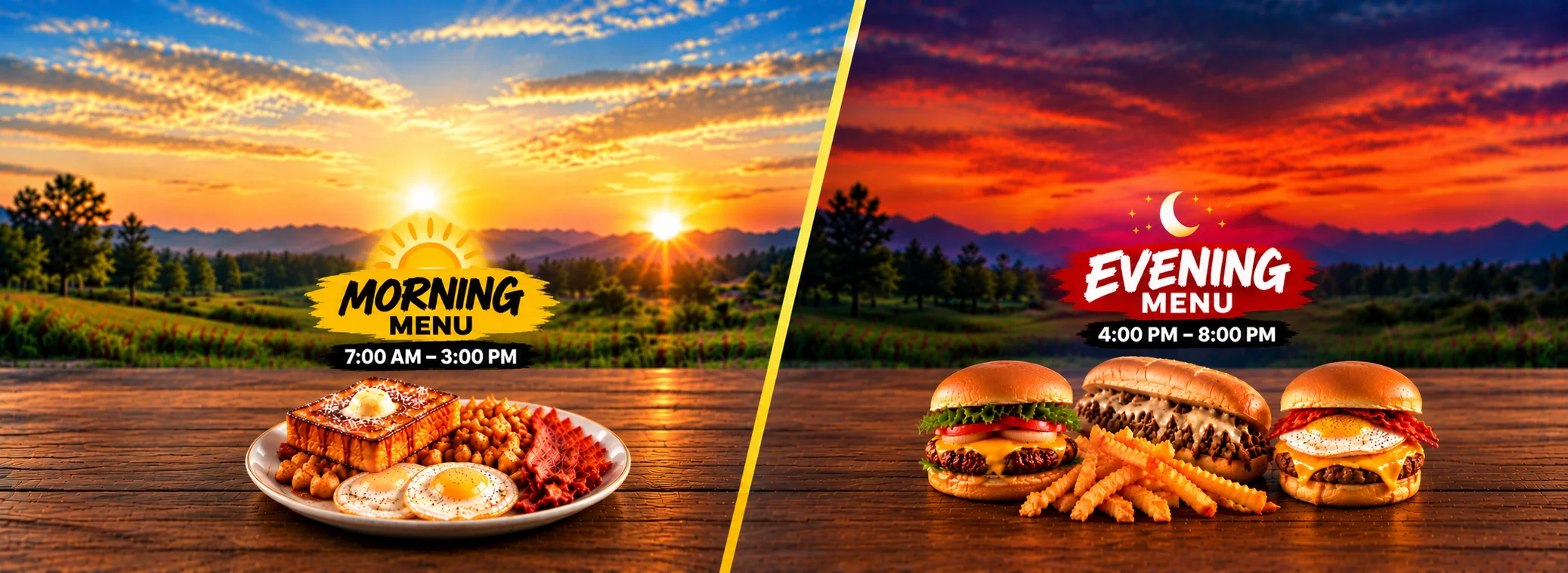 Restaurant morning and evening menu graphic with breakfast platter and burgers