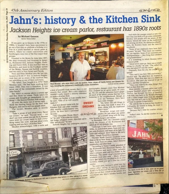 Historic article about Jahn's ice cream parlor in Jackson Heights