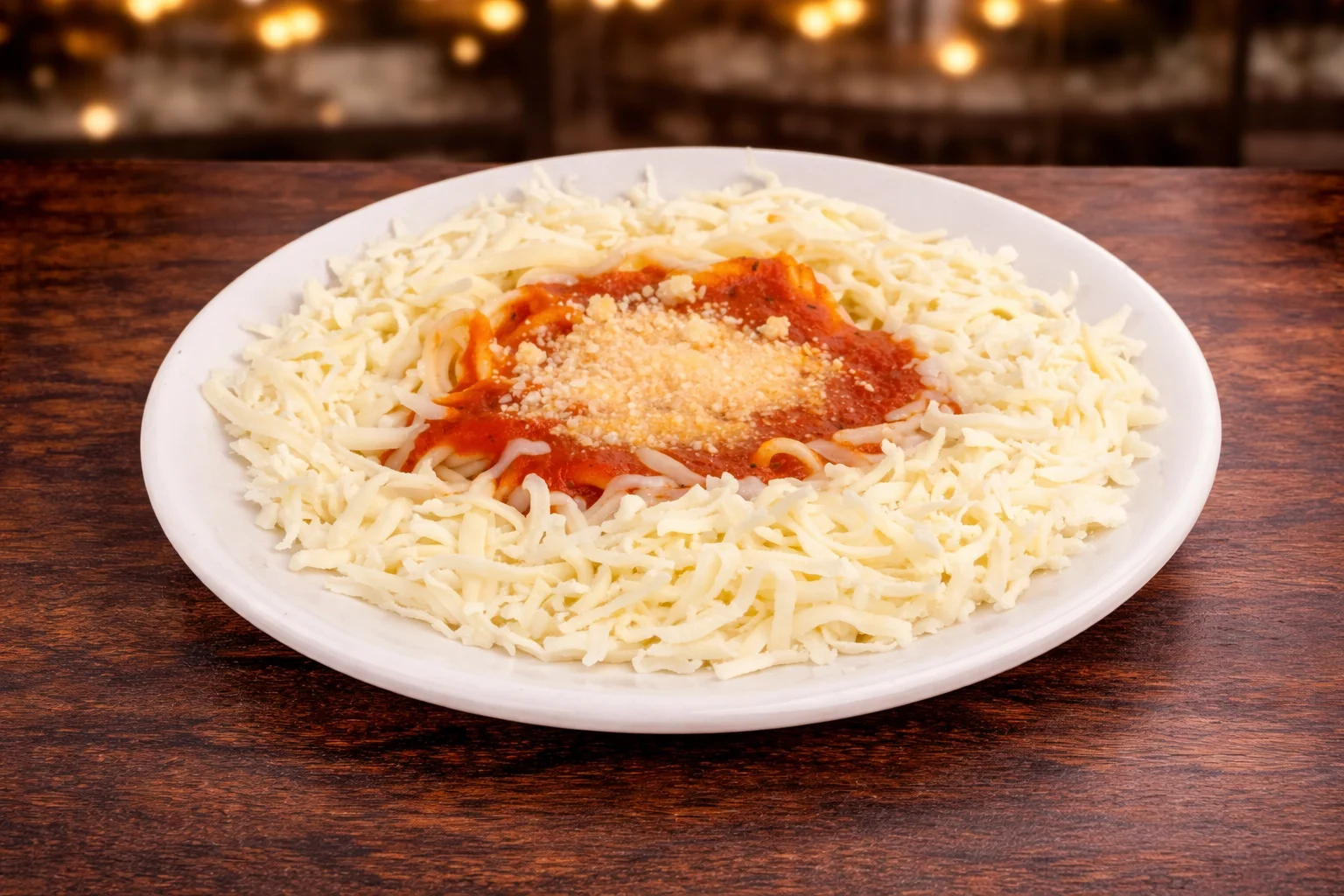 Plate of spaghetti with marinara sauce and cheese