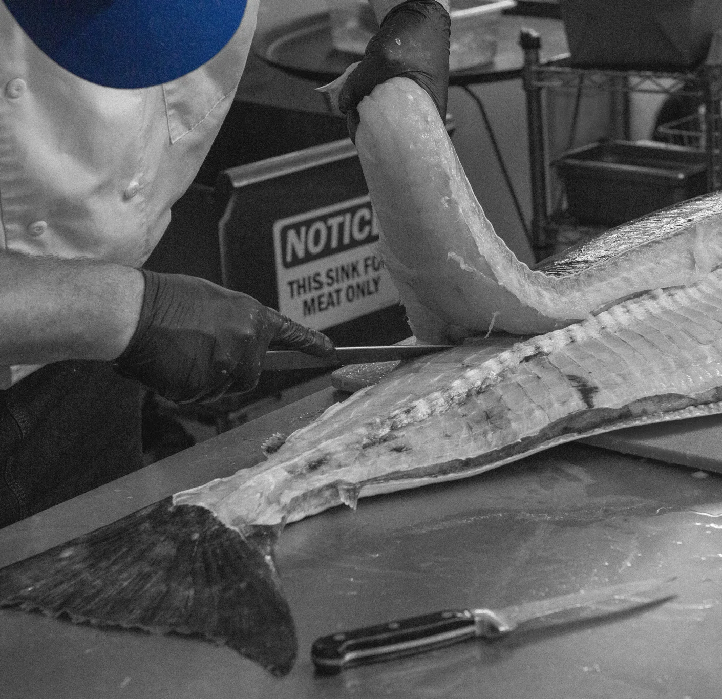 Chef filleting a large fish in a professional kitchen