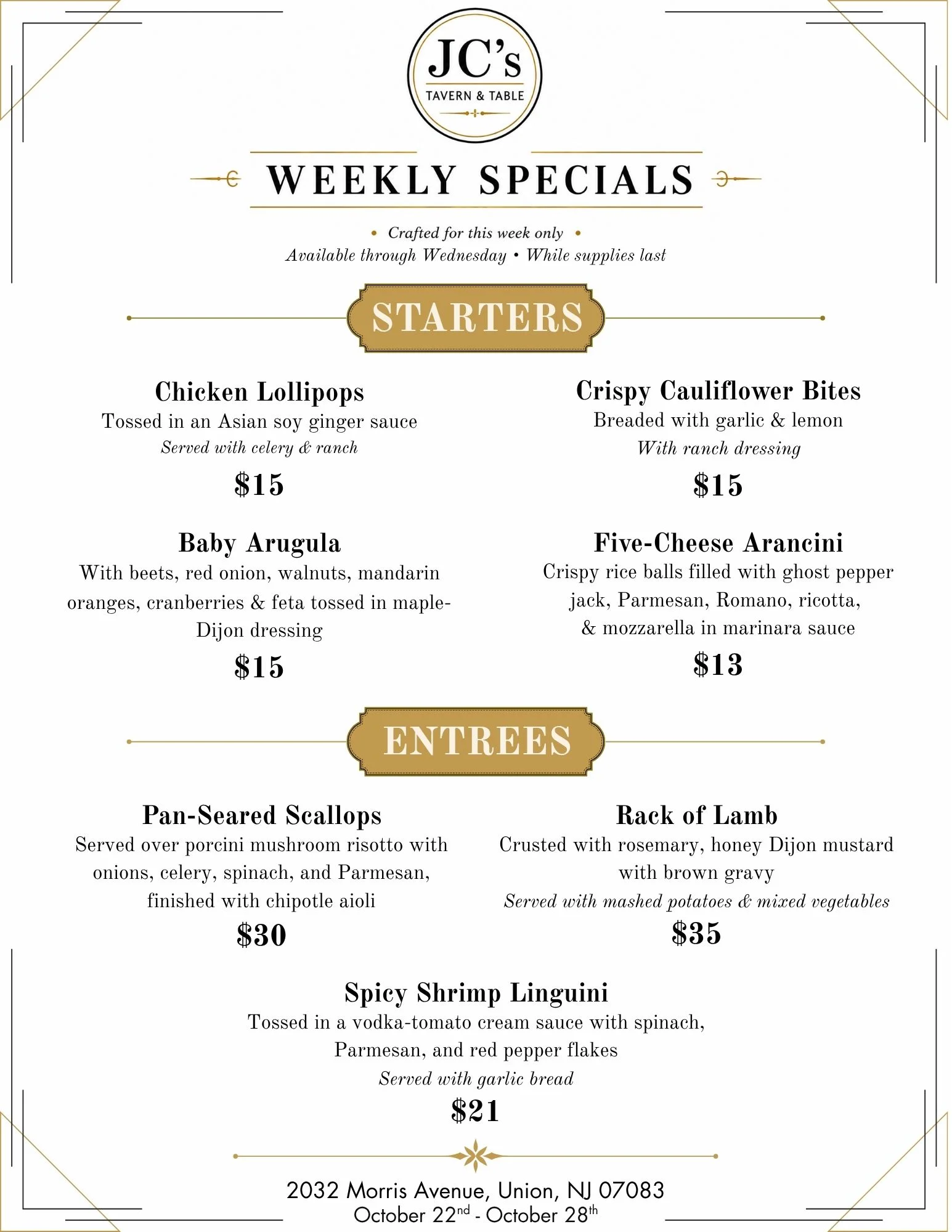 Weekly specials menu featuring delicious food items and promotions.