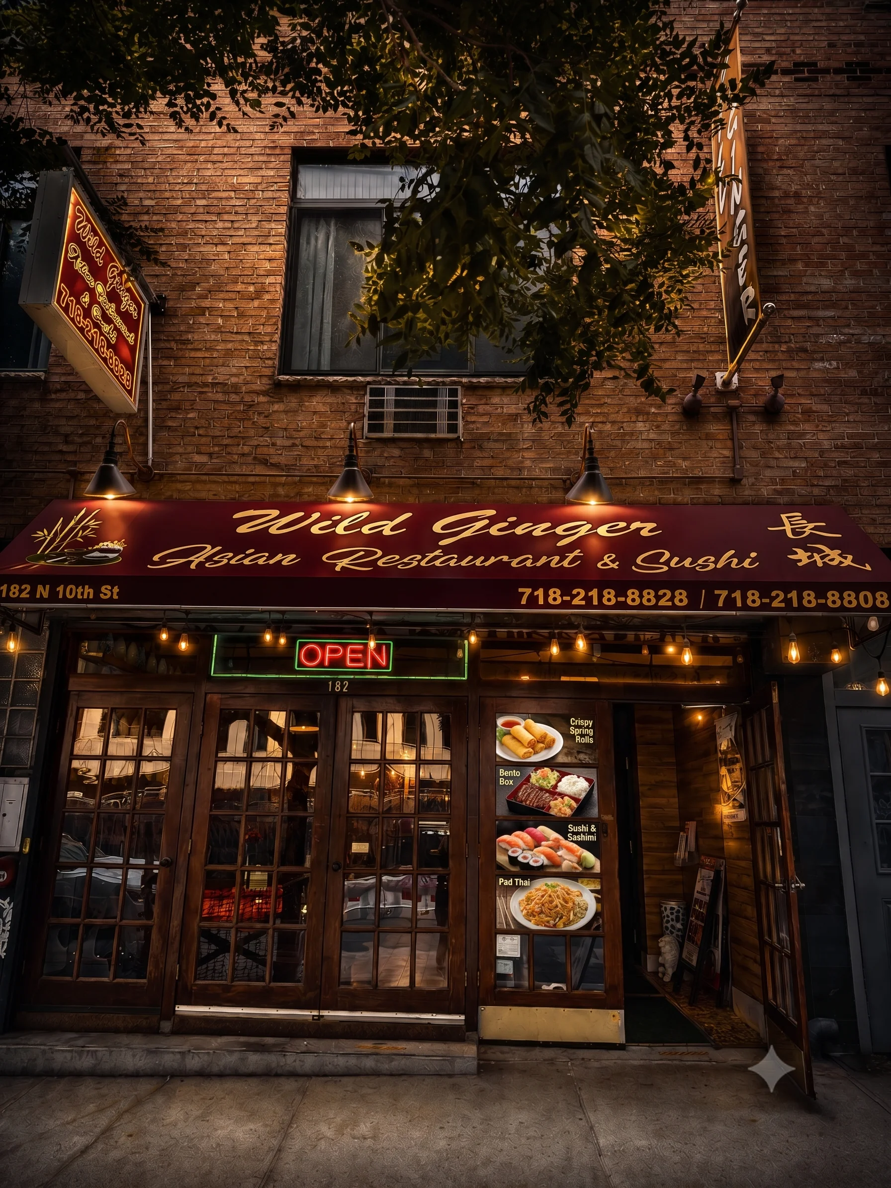 Exterior of Wild Ginger Asian Restaurant with open sign and menu display