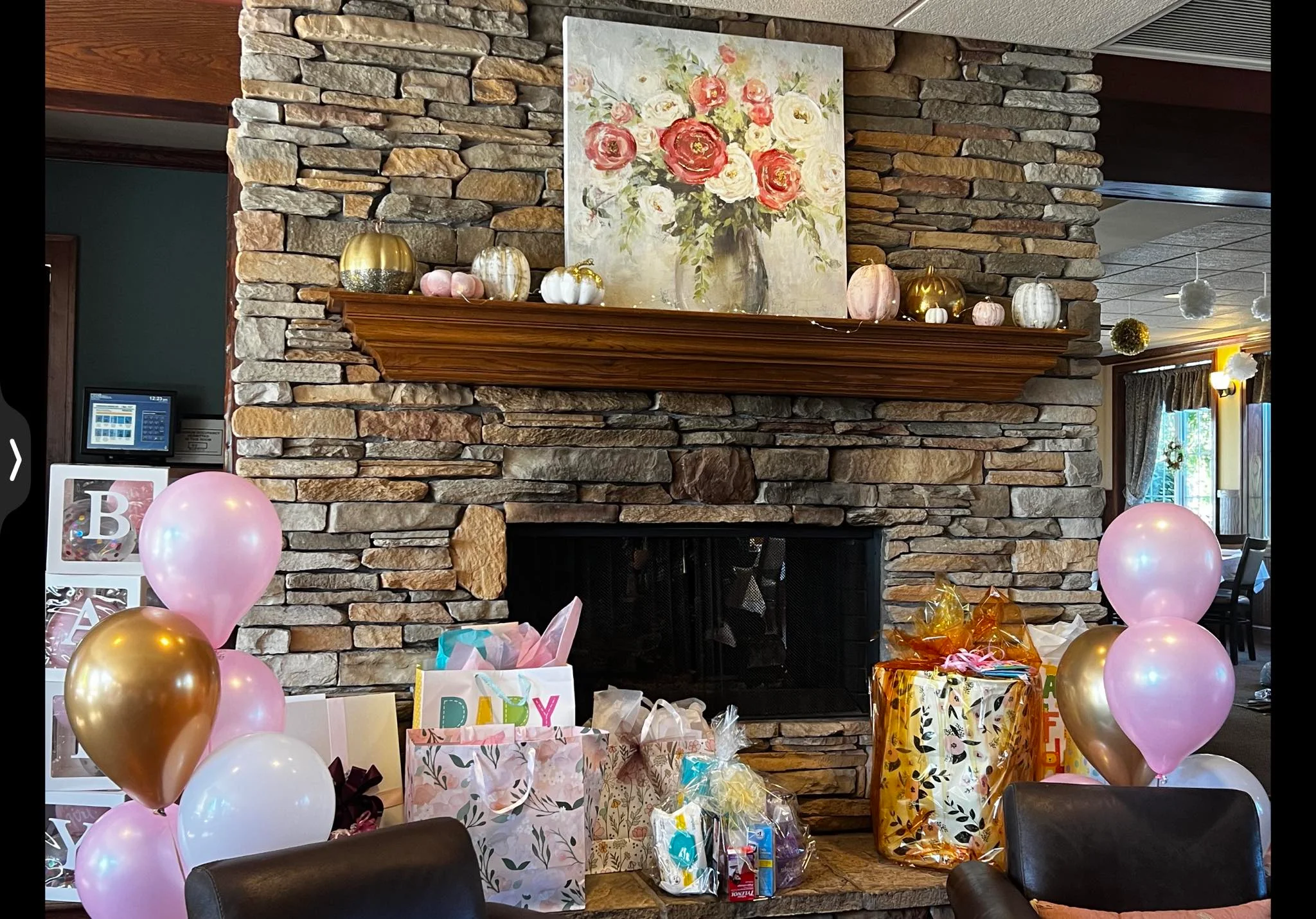 Cozy restaurant interior with festive decorations and gifts