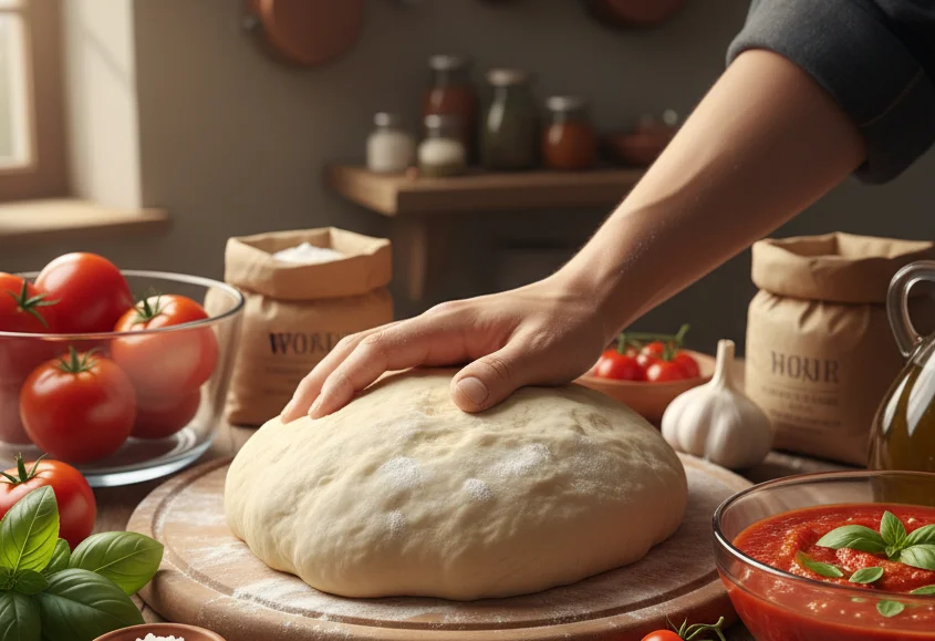 A hand in a glove sprinkles seasoning from above into a metal mixing bowl in a kitchen.