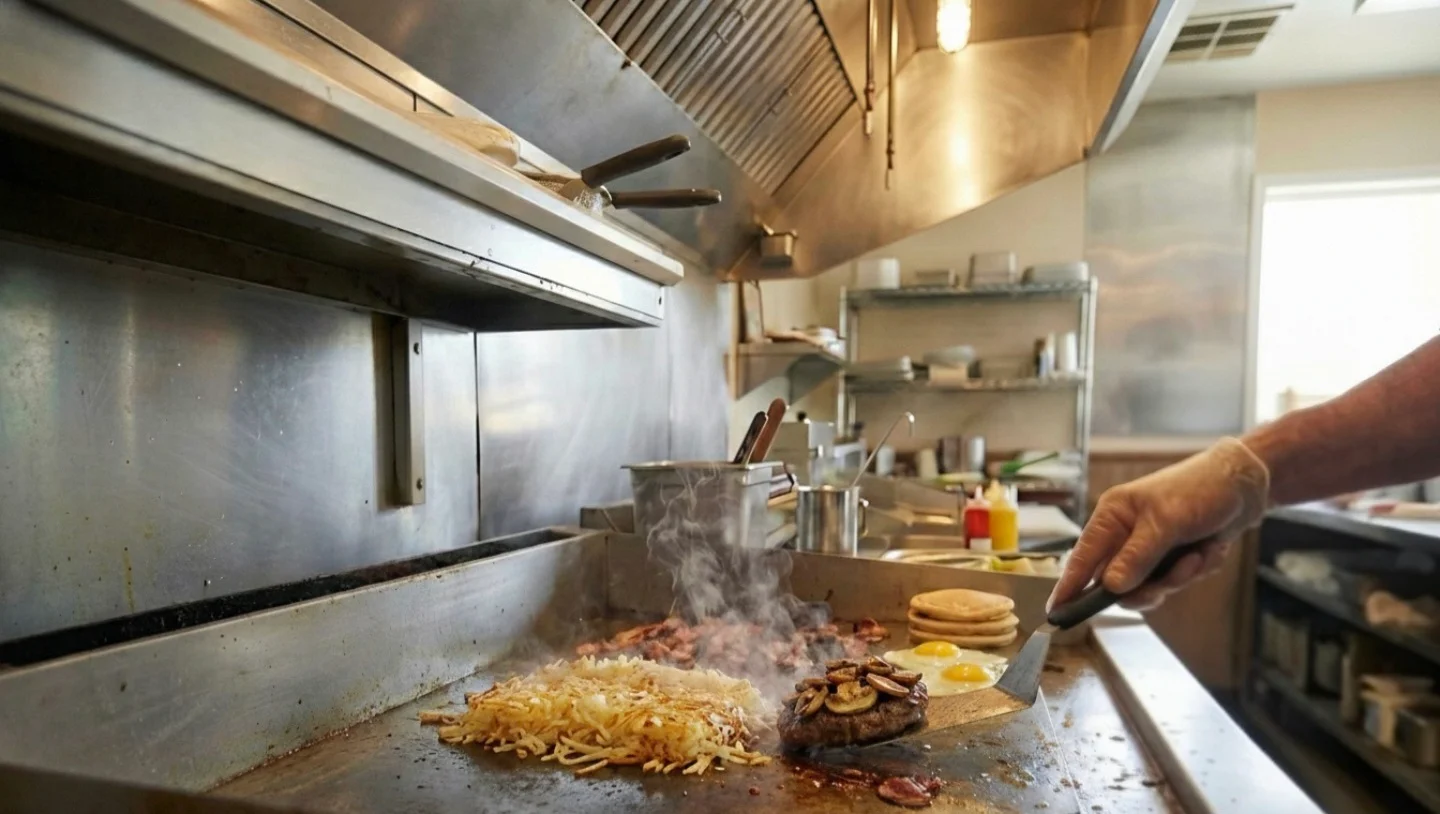 Sizzling breakfast platter with hash browns and eggs