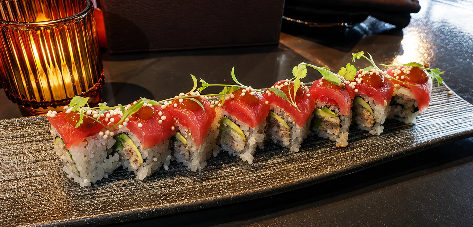 Sushi roll topped with tuna, garnished with herbs on a black plate.