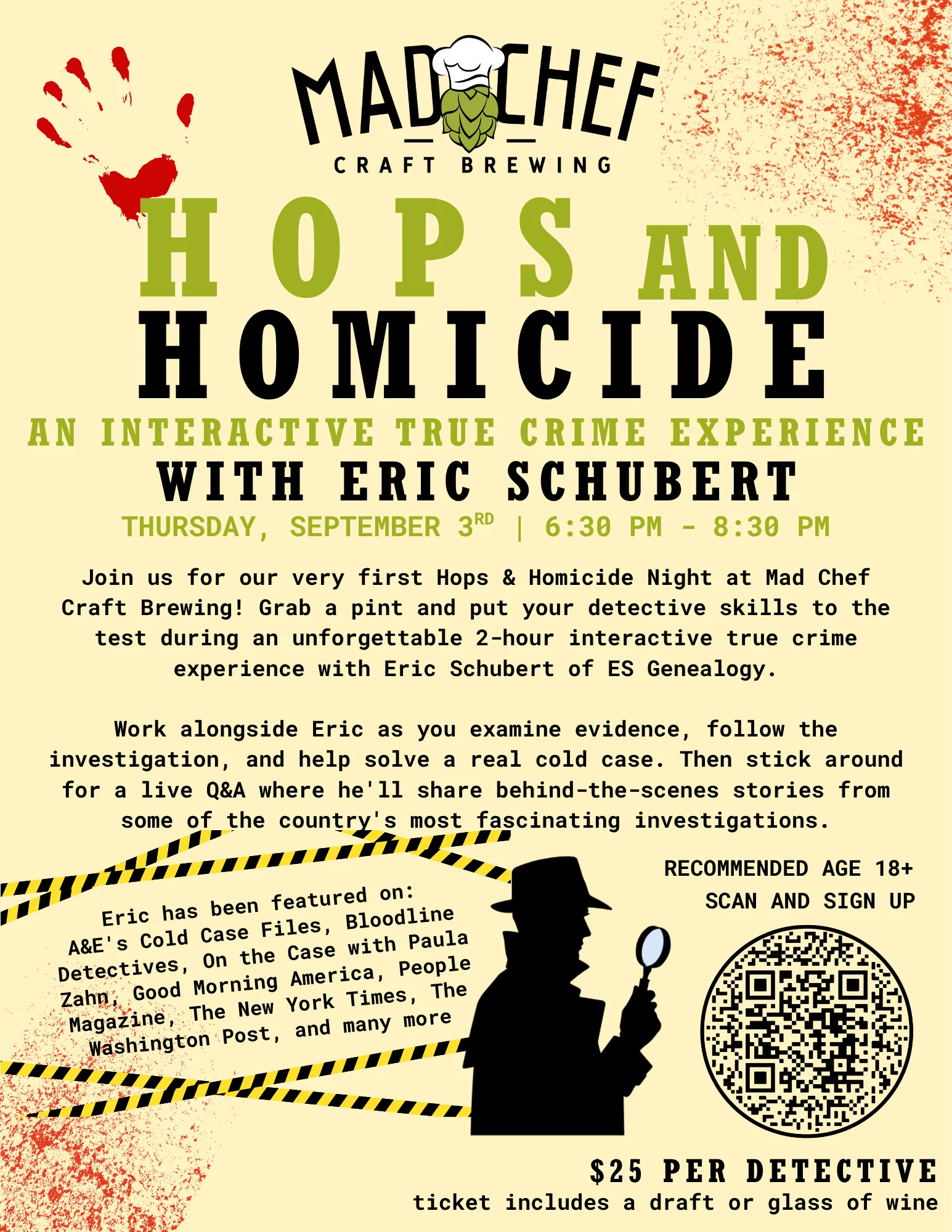 Promotional poster for Hops and Homicide event at Mad Chef Craft Brewing