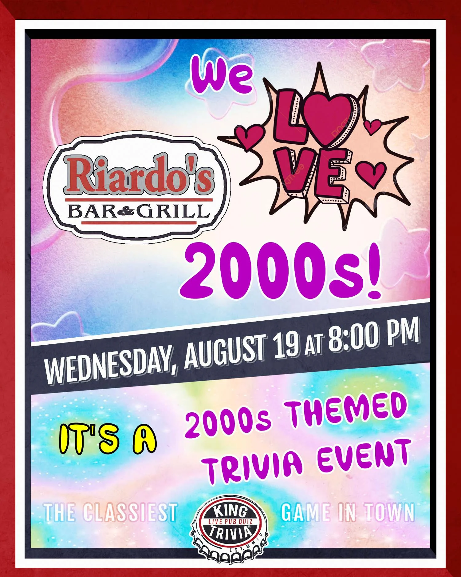Event poster for 2000s themed trivia night at Riardo's Bar & Grill