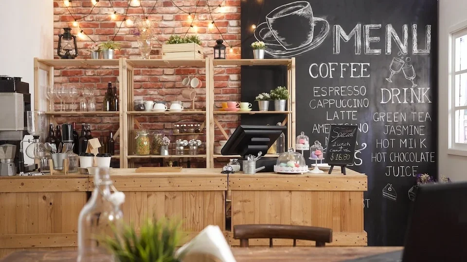 Cozy café interior with wooden counter and chalkboard menu