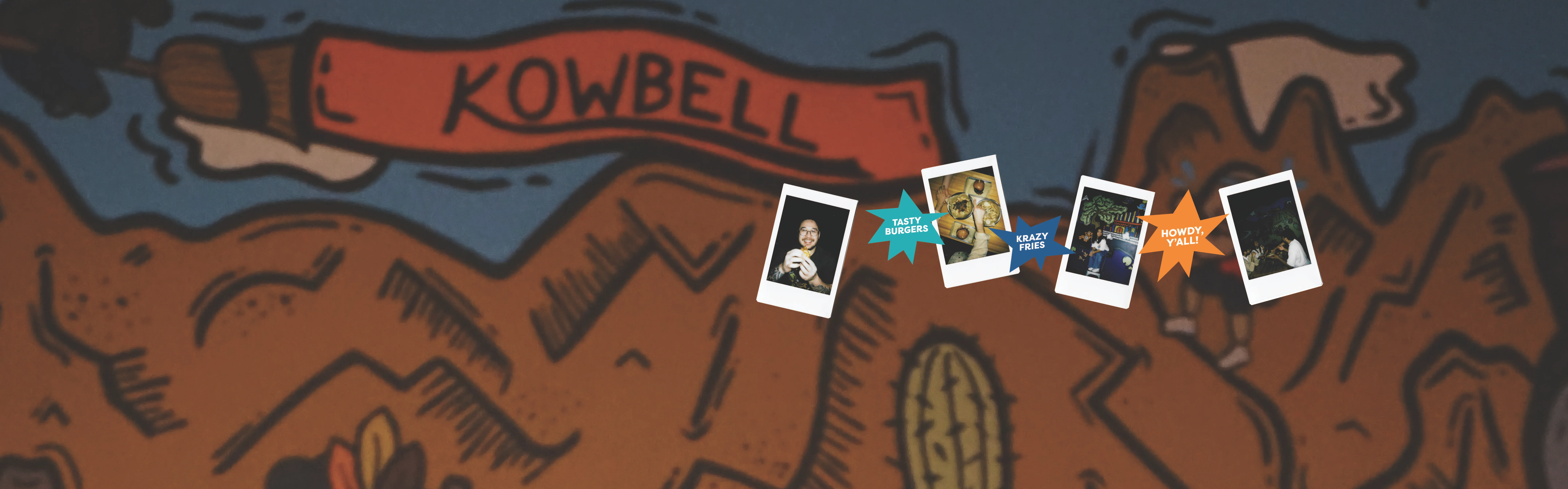 Colorful mural with playful illustrations and food-themed polaroids