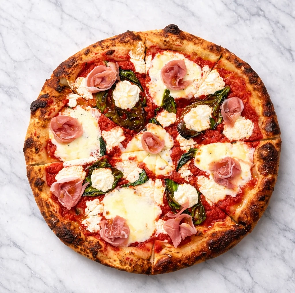 Italian prosciutto pizza with fresh mozzarella and basil